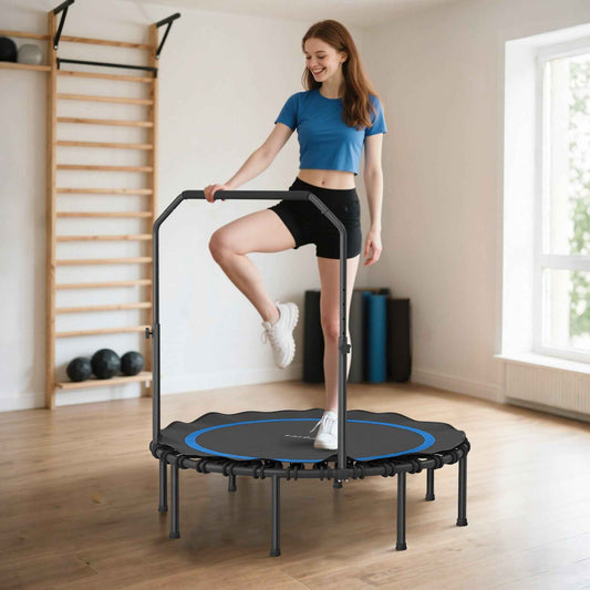 48" Rebounder Trampoline for Adults, Foldable Mini Trampoline with Adjustable Handle Bar for Indoor Outdoor, Blue